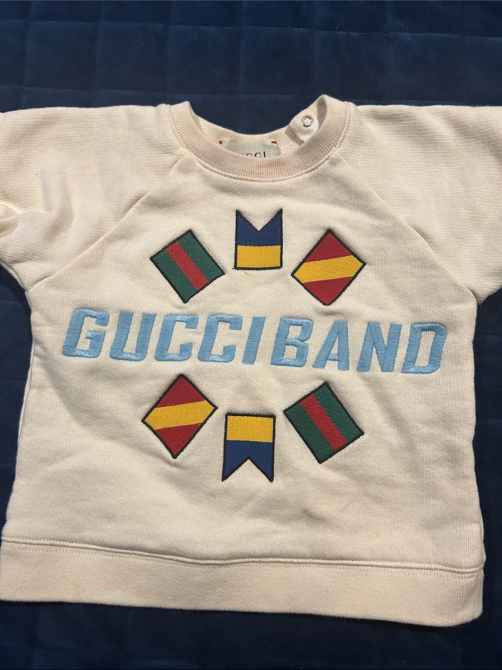 Gucci Cream Sweatshirt with Light Blue GUCCIBAND and Multicolor Flag Appliqués